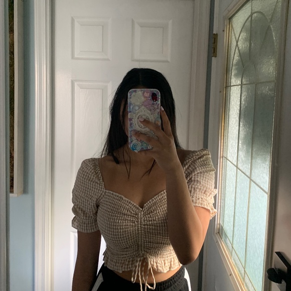 Tan Plaid Princess Sleeve Crop Shirt - Picture 3 of 7